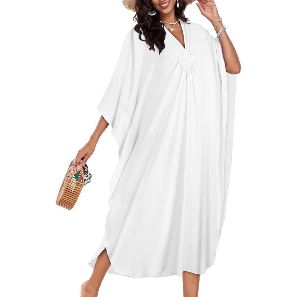 Womens White V-Neck Batwing Sleeves Summer Beach Smocked Waist Maxi Kaftan Dress - Picture 2 of 6